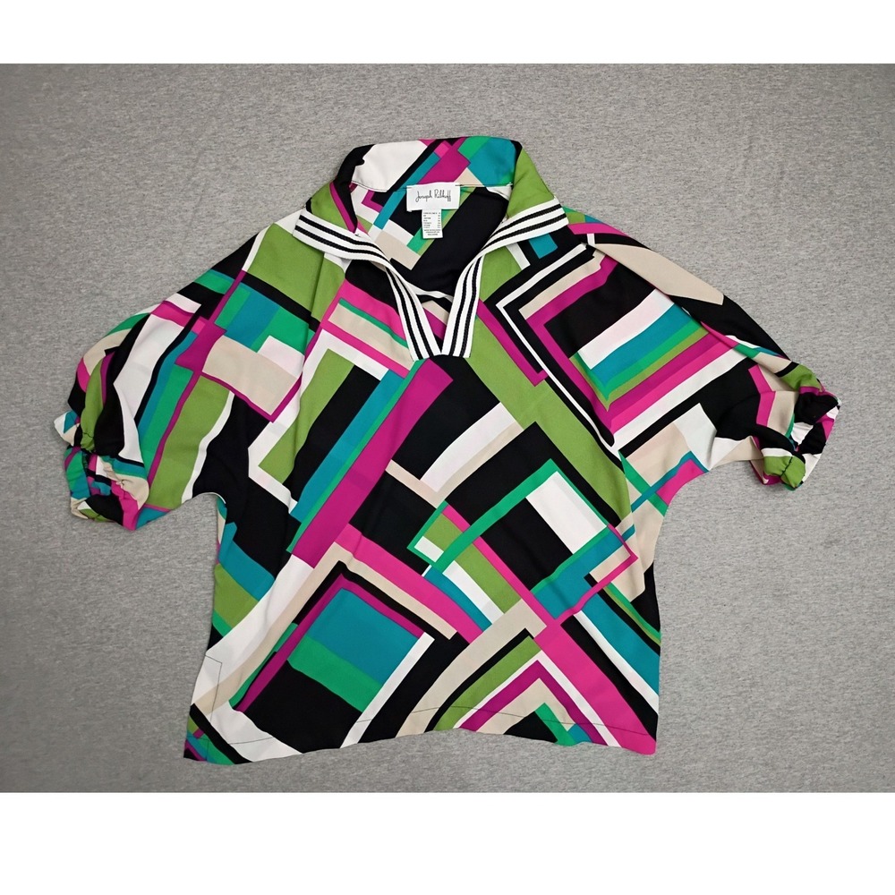 Joseph Ribkoff Geometric Print Dolman Sleeve Blouse Green Pink Size 8 Modern